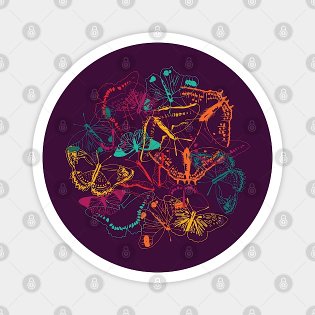 Pattern of colorful neon butterflies over dark violet Magnet by agus.cami